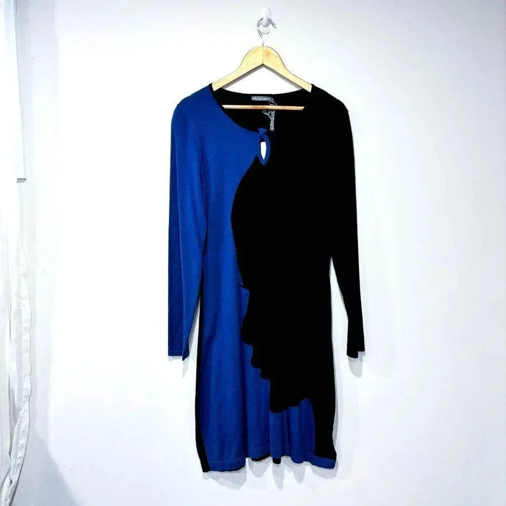 ERIC ALEXANDRE Blue Black Colorblock Long Sleeve Dress Keyhole Neck Medium